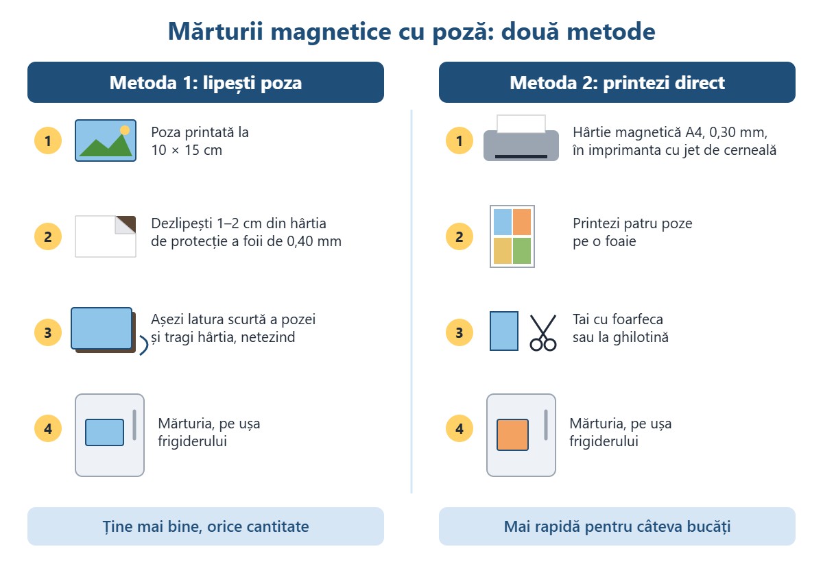 Schemă: mărturii magnetice făcute prin lipirea pozei pe foaie cu adeziv sau prin print pe hârtie magnetică